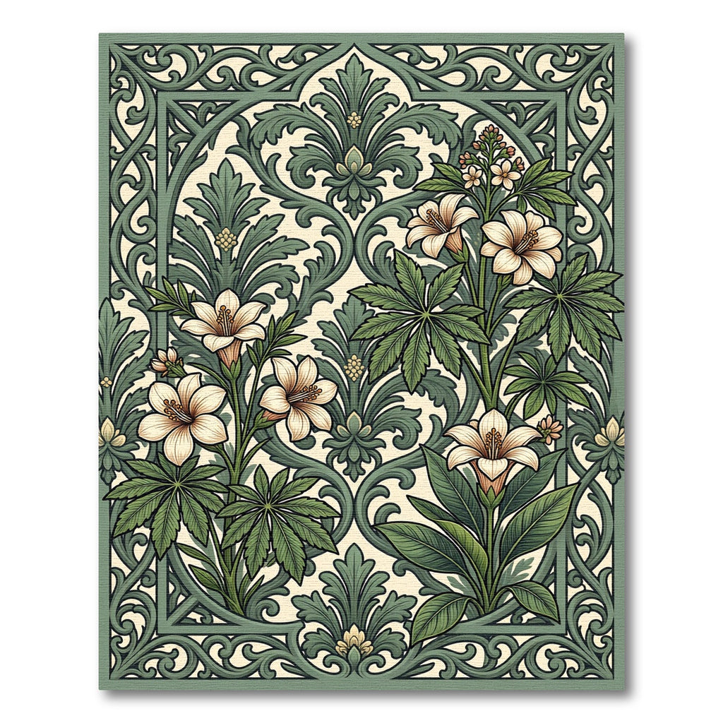 Sage Green Floral Lily Scrollwork Rug