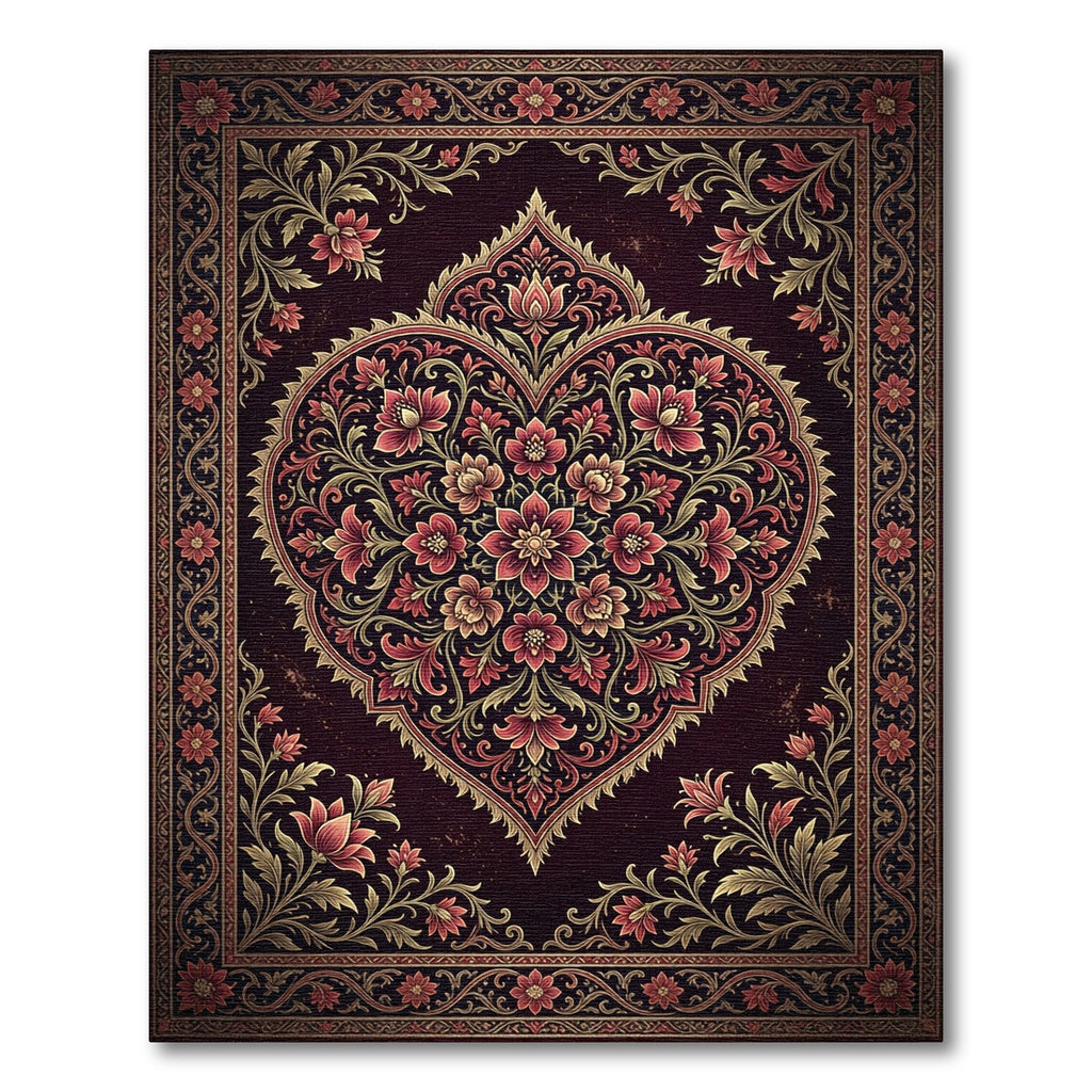 Deep Burgundy Floral Heart Medallion Rug