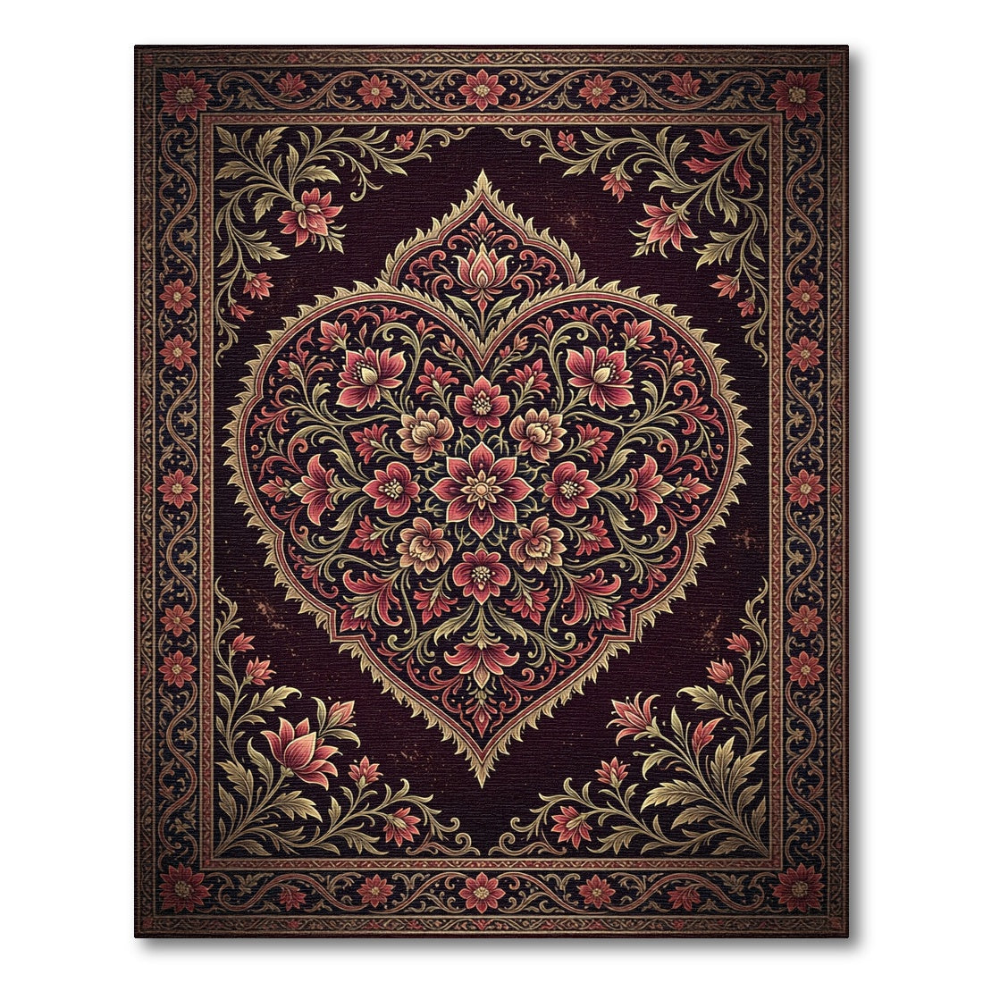 Deep Burgundy Floral Heart Medallion Rug