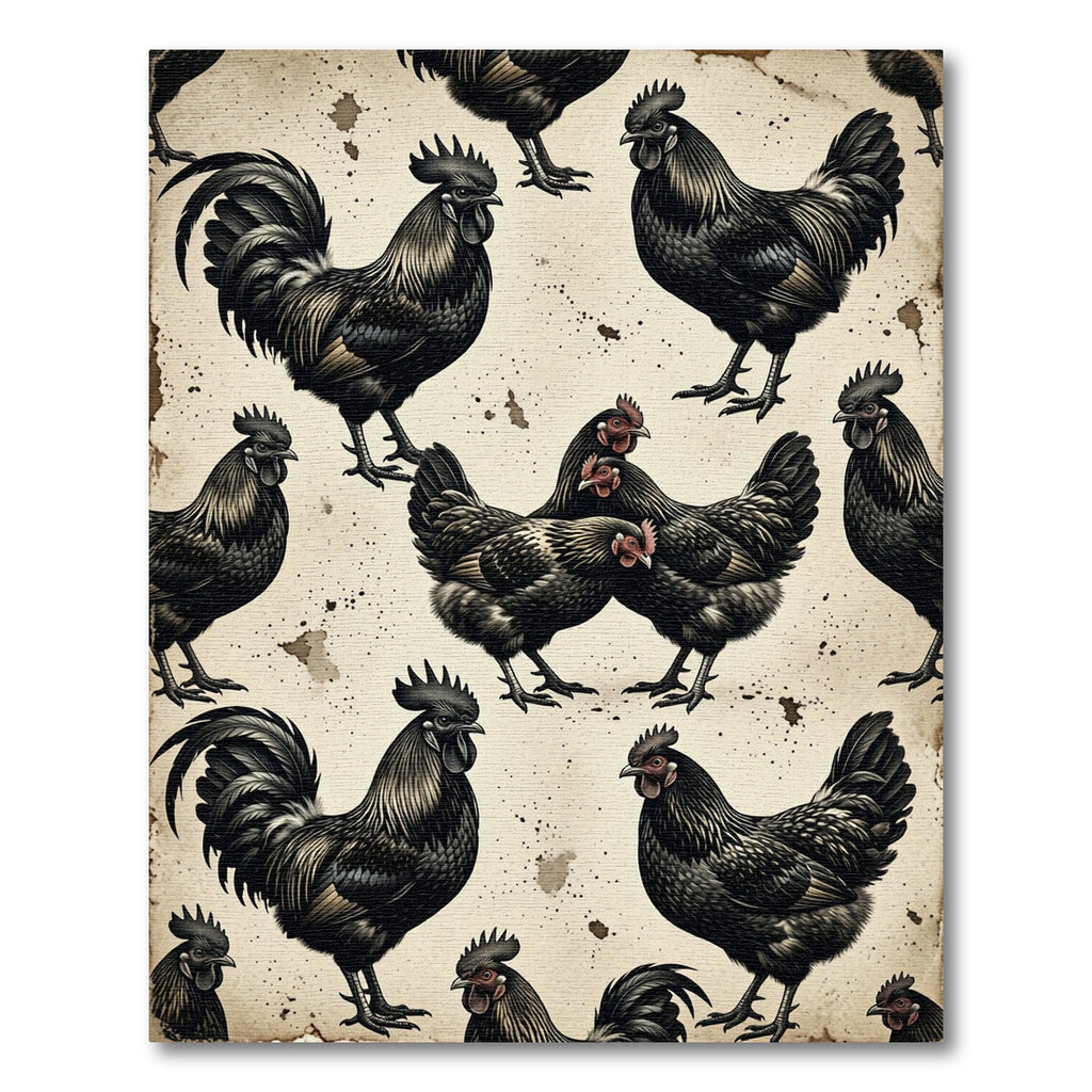 Vintage Monochrome Black Rooster Farmhouse Art Rug