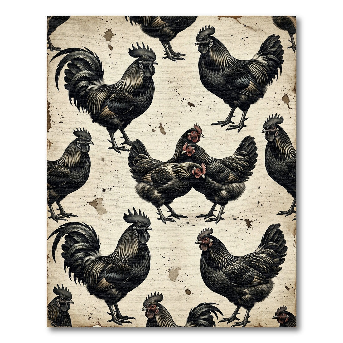 Vintage Monochrome Black Rooster Farmhouse Art Rug