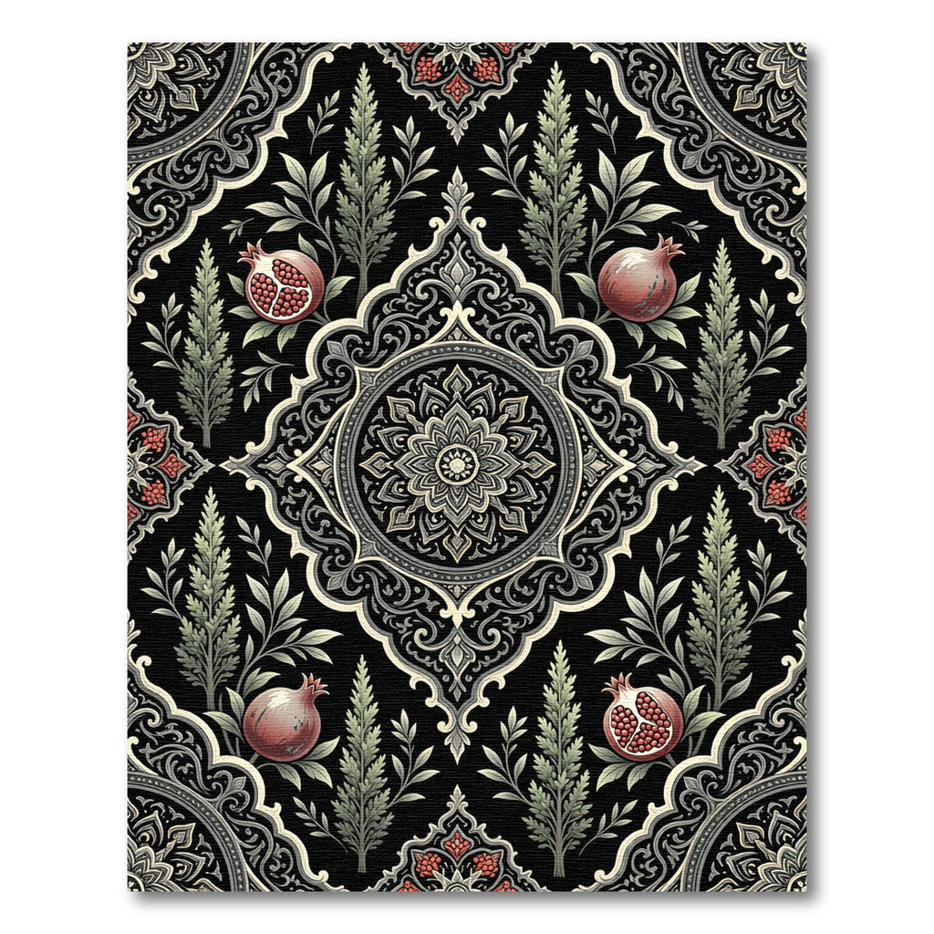 Elegant Black Pomegranate Floral Medallion Rug