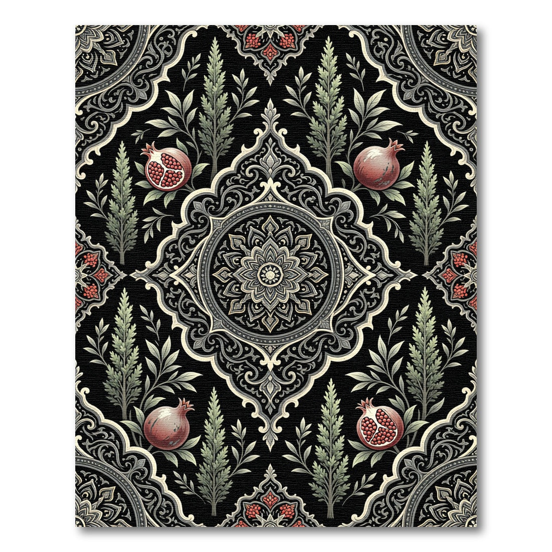 Elegant Black Pomegranate Floral Medallion Rug