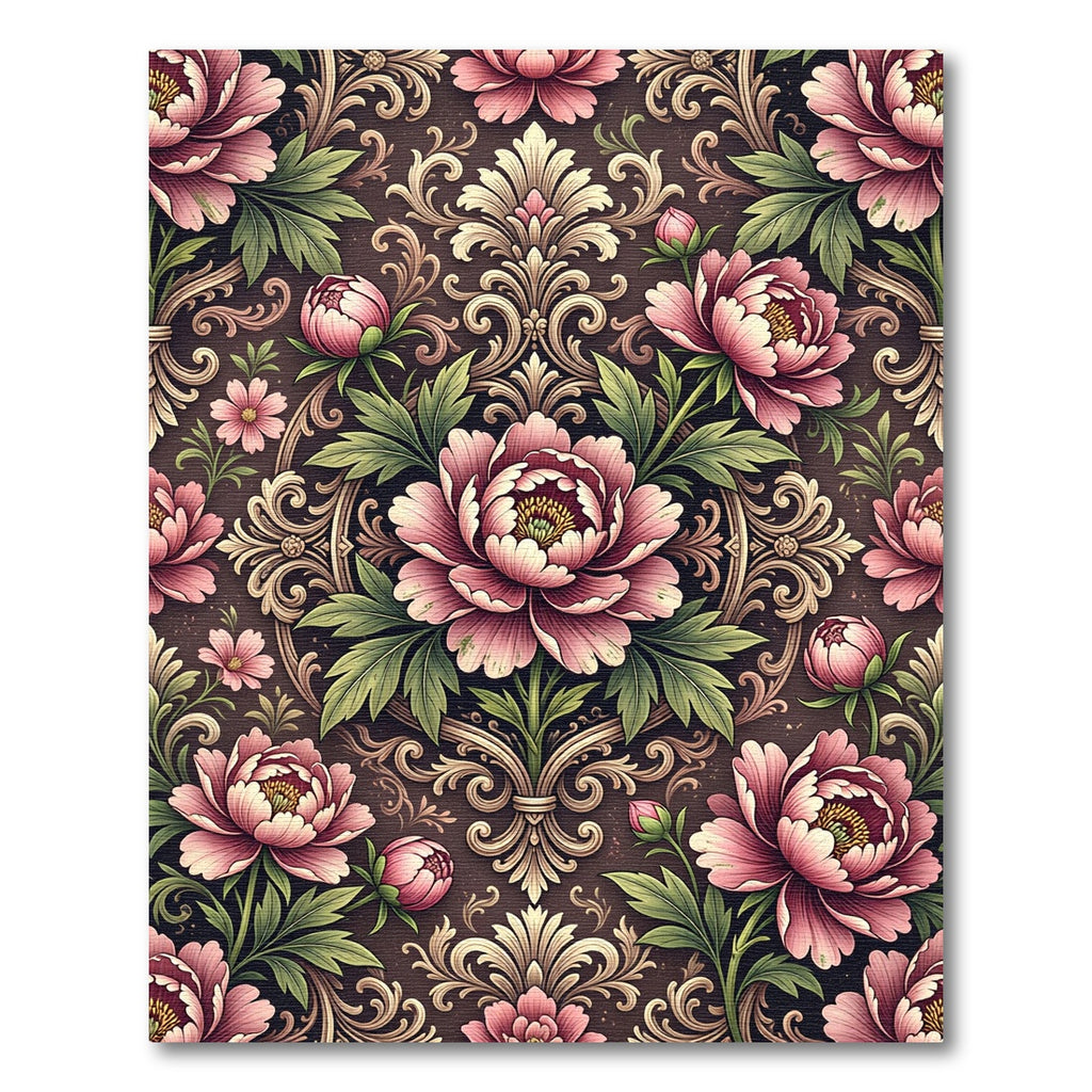 Elegant Pink Peony Damask Scroll Rug