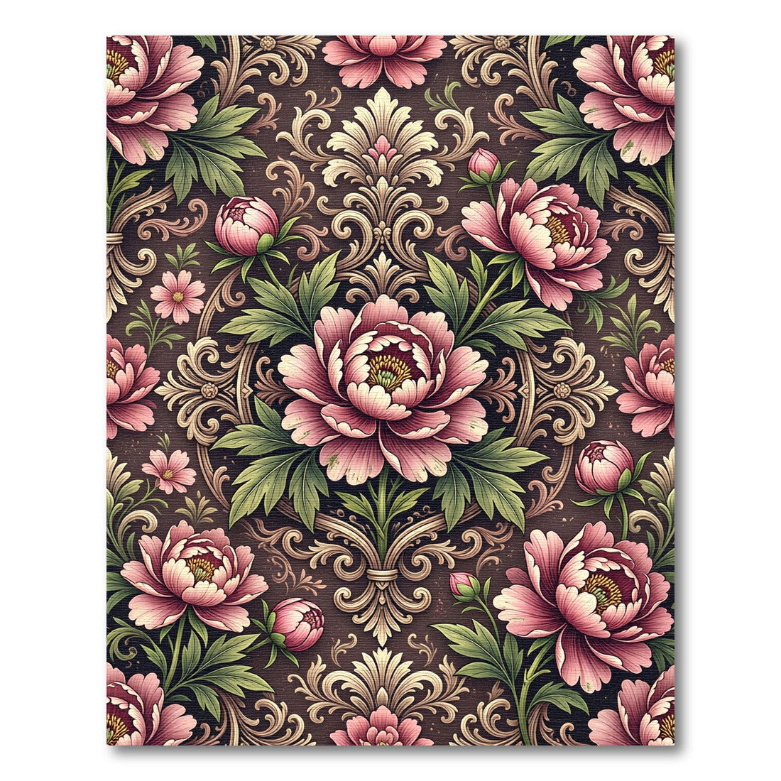 Elegant Pink Peony Damask Scroll Rug