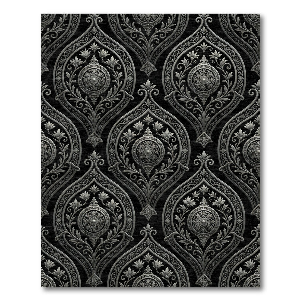 Elegant Metallic Silver Damask Medallion Rug