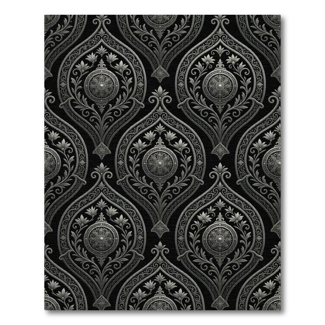 Elegant Metallic Silver Damask Medallion Rug