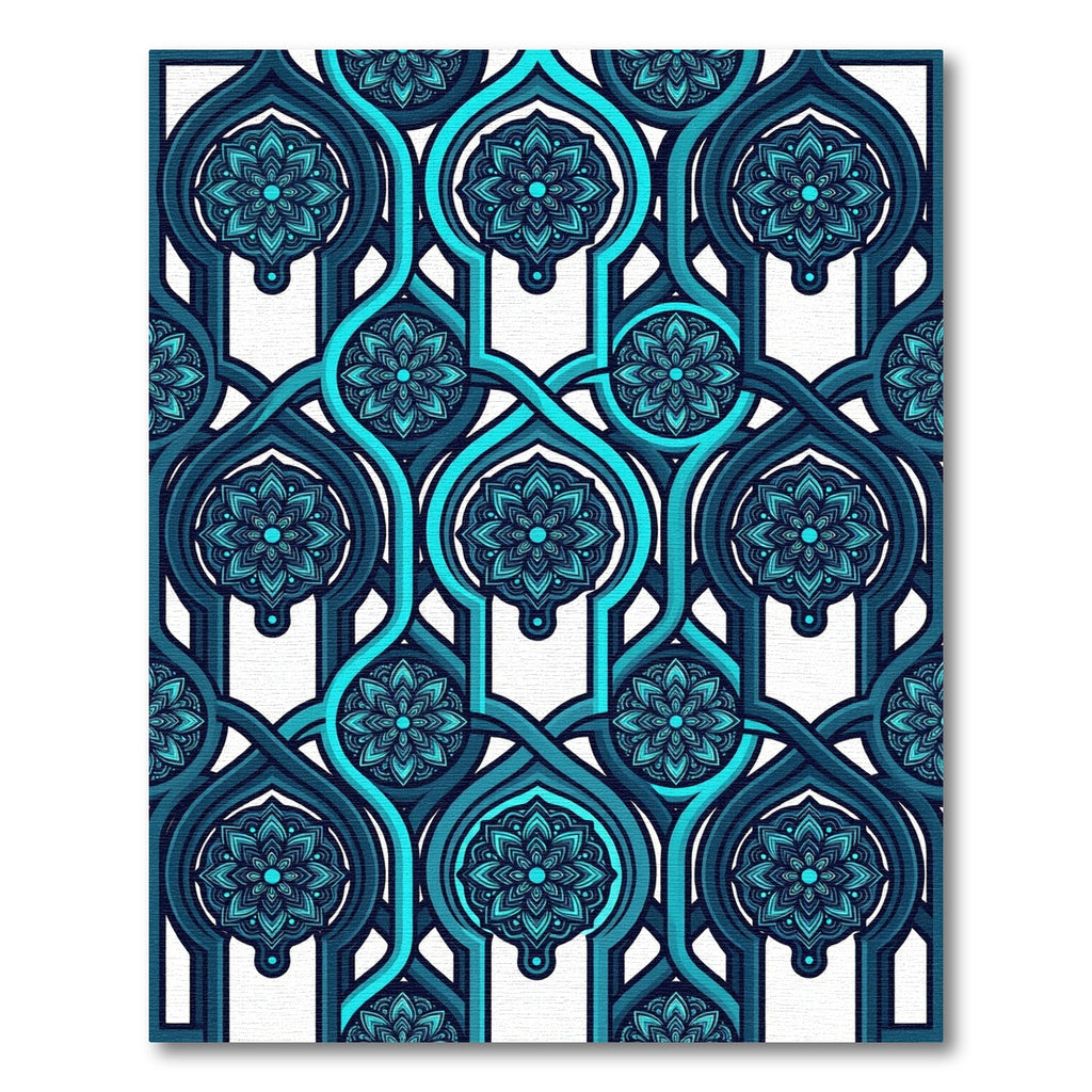 Teal Blue Interlocking Floral Archwork Rug