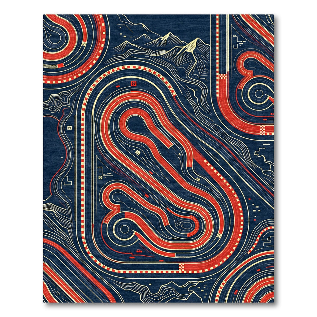 Modern Crimson Race Track Schematic Rug