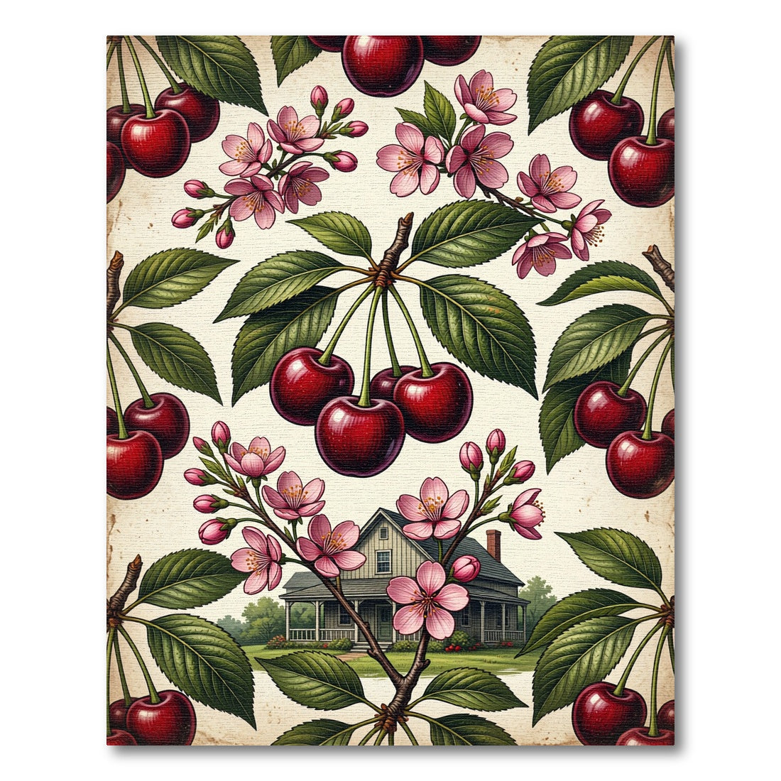 Vintage Botanical Cherry Blossom Cottage Rug