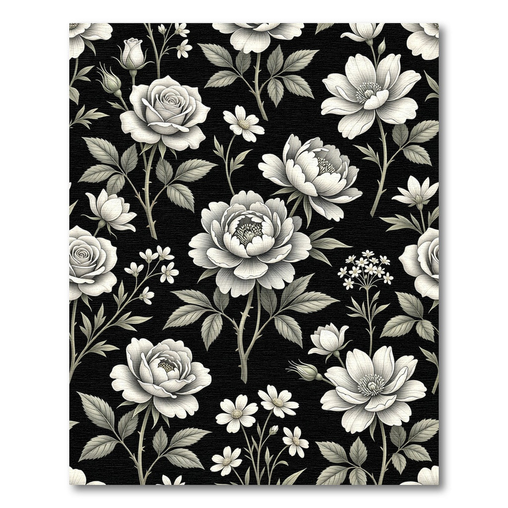 Monochrome Botanical Floral Black Backdrop Rug