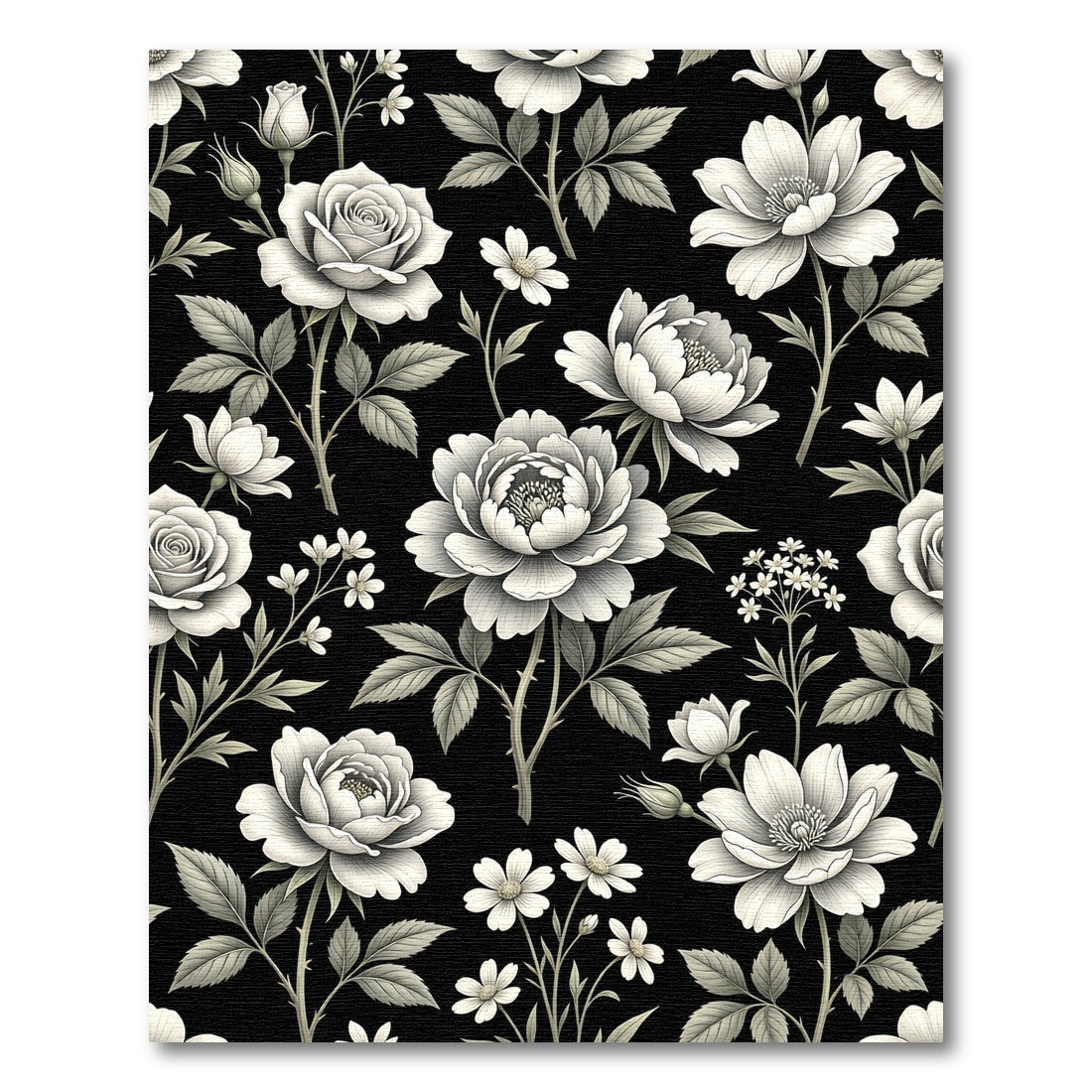 Monochrome Botanical Floral Black Backdrop Rug