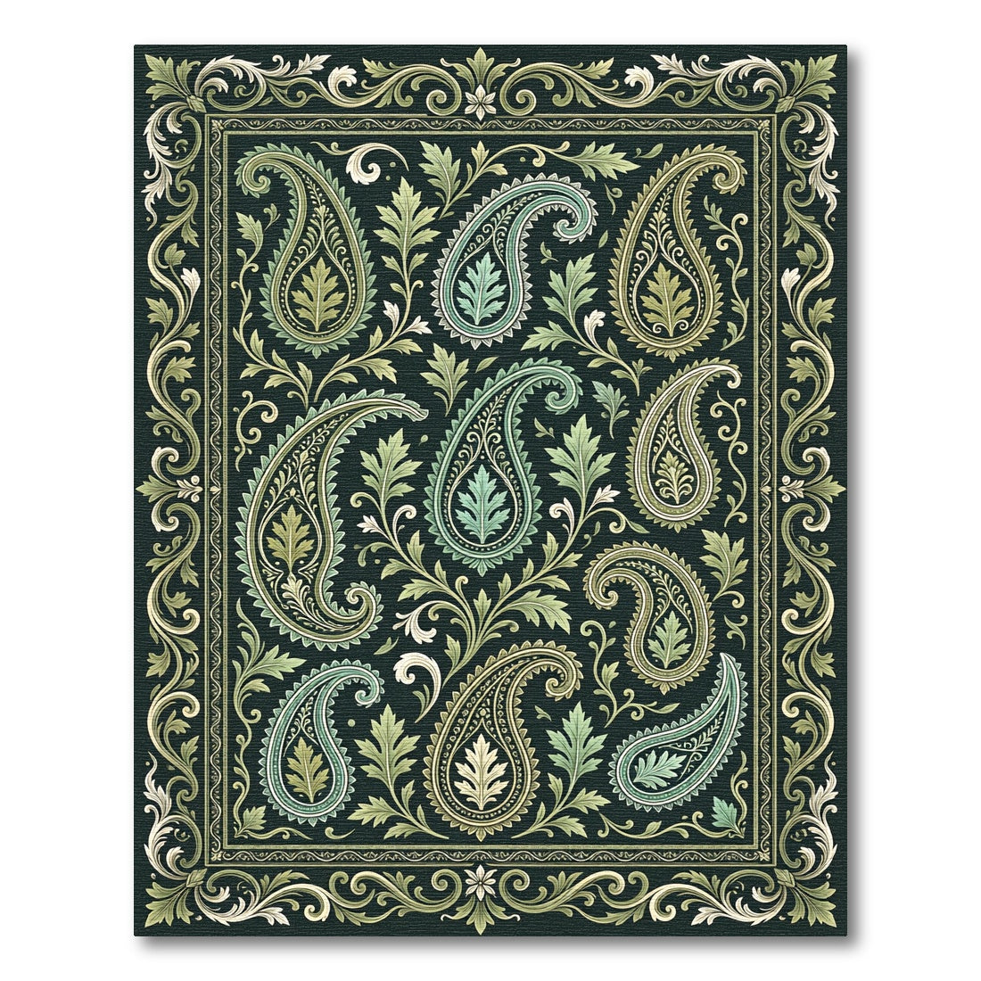 Emerald Green Paisley Floral Foliage Rug