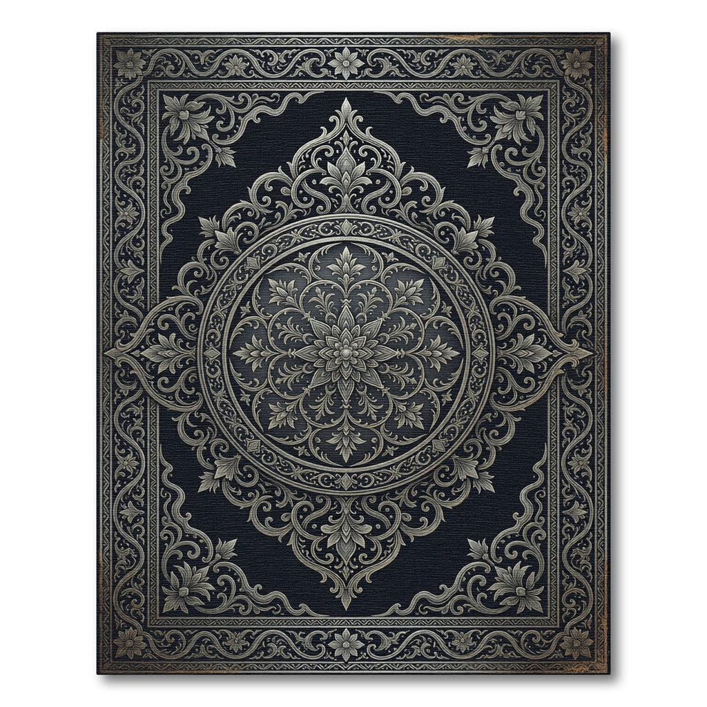 Ornate Charcoal Silver Filigree Medallion Rug