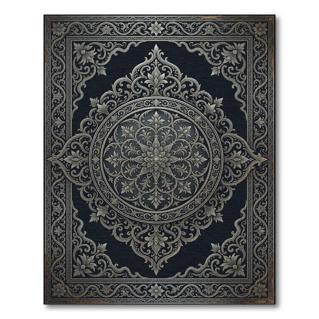 Ornate Charcoal Silver Filigree Medallion Rug
