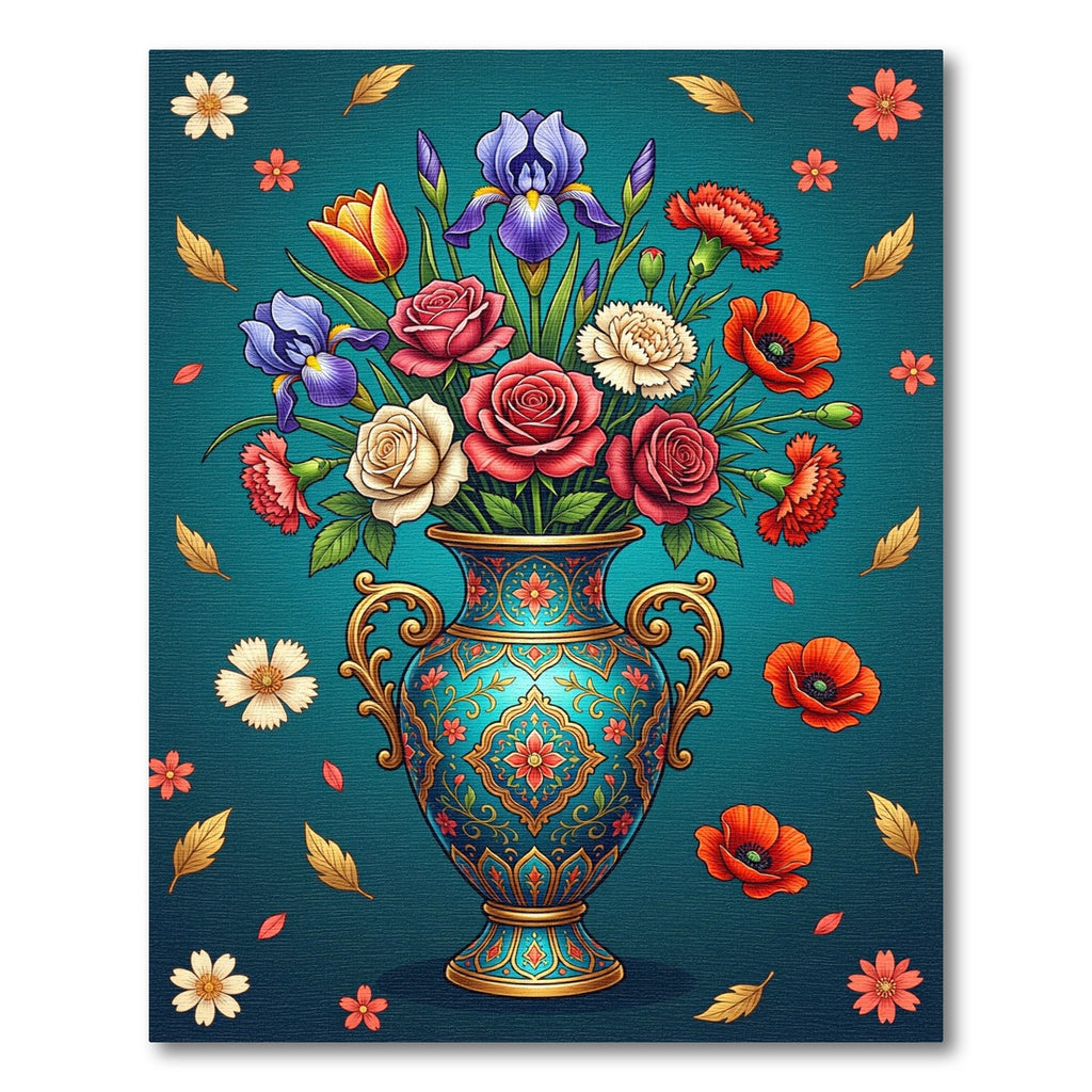 Turquoise Floral Vase with Roses and Irises Rug