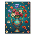 Turquoise Floral Vase with Roses and Irises Rug