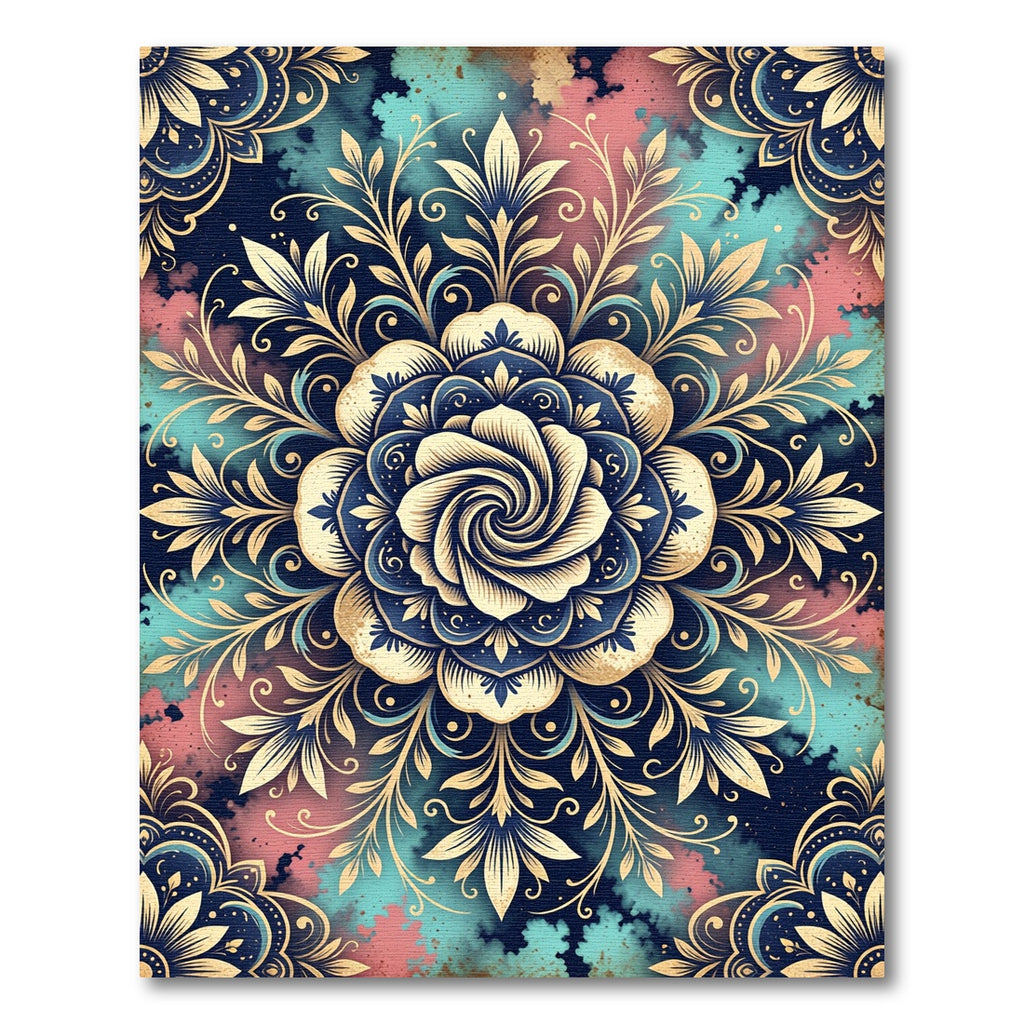 Celestial Golden Floral Mandala Watercolor Rug