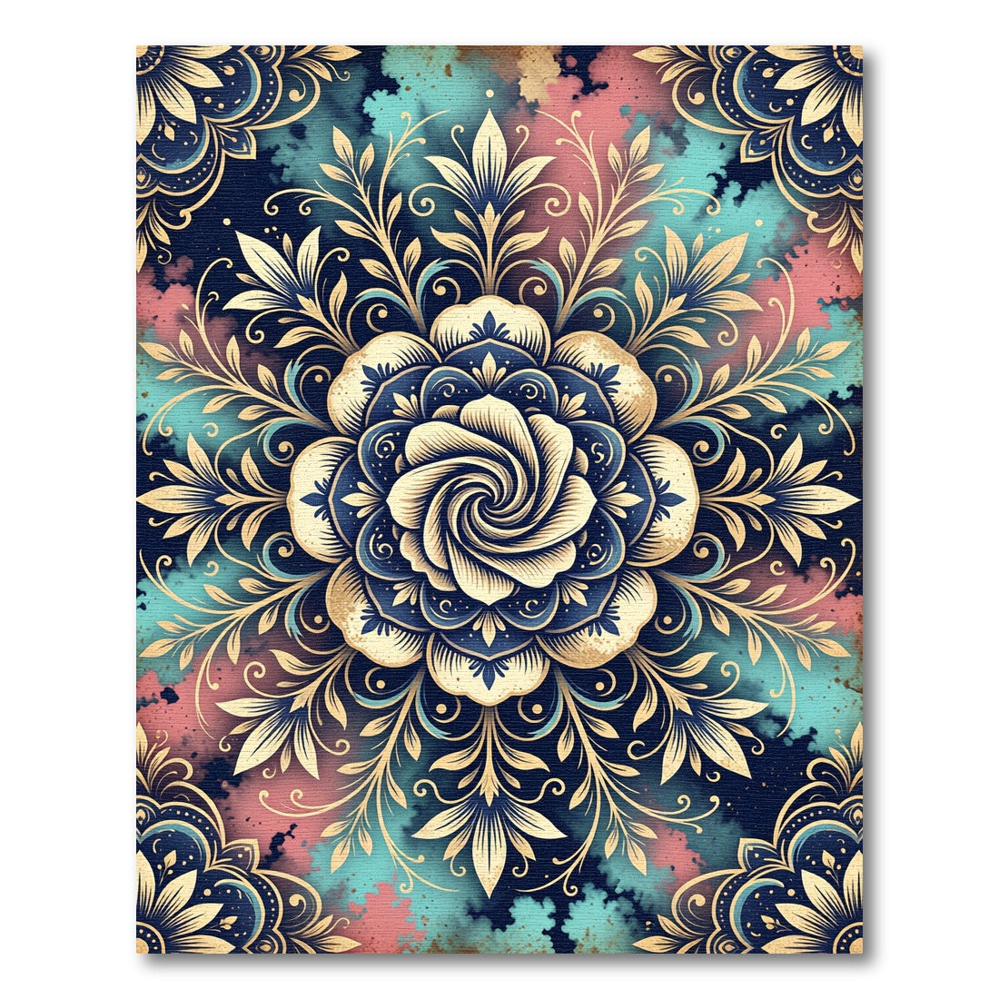 Celestial Golden Floral Mandala Watercolor Rug