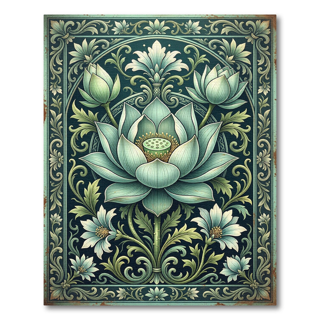 Elegant Teal Lotus Botanical Frame Rug