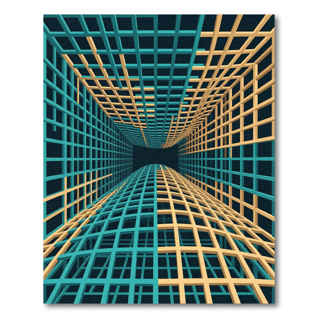 Teal and Amber Isometric Grid Maze Rug