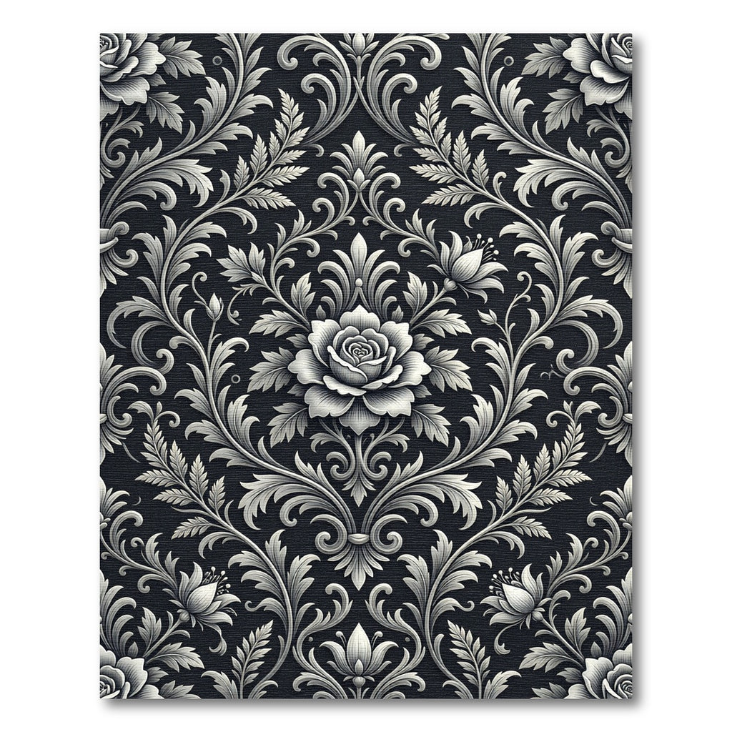 Monochromatic Black Floral Scroll Rug