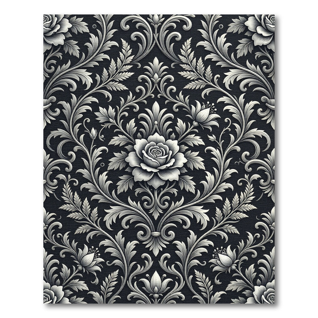 Monochromatic Black Floral Scroll Rug