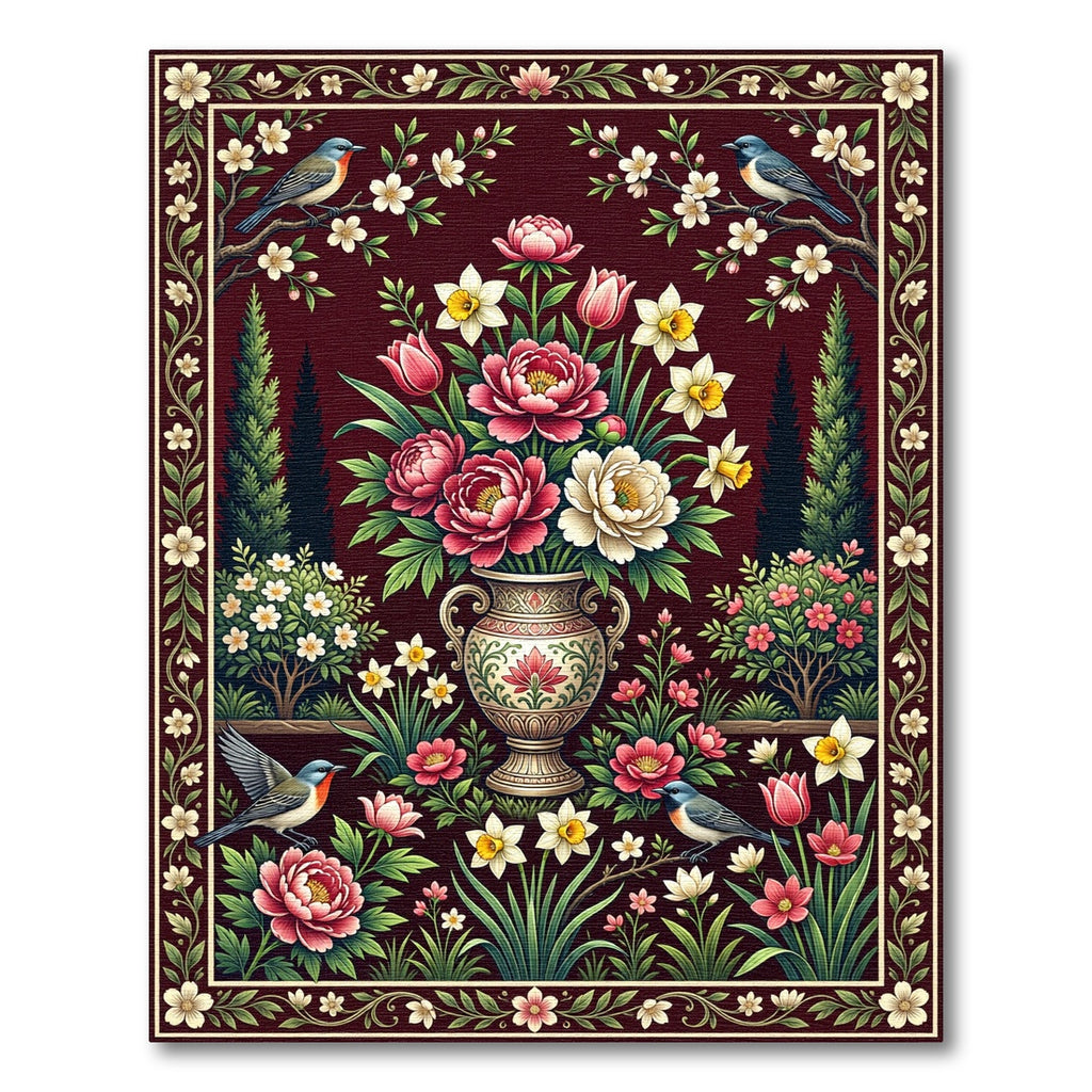 Crimson Peony Floral Garden Bird Art Rug