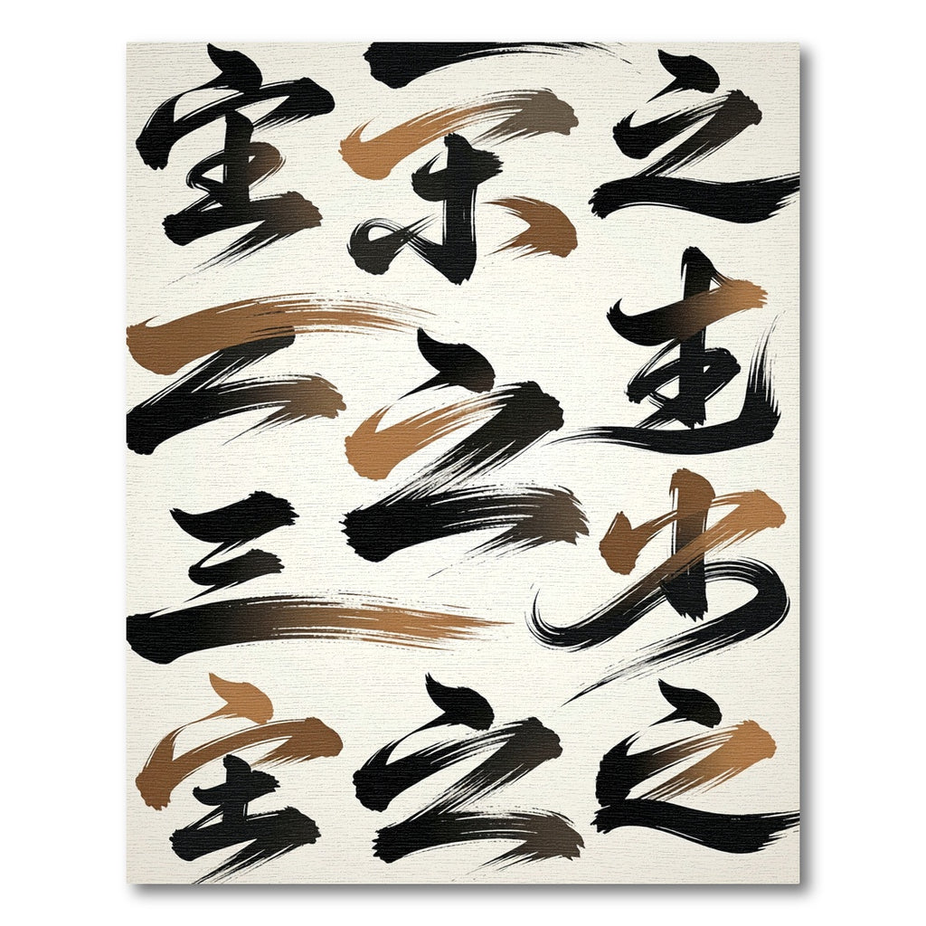 Ink Brushstrokes Black Gold Characters Rug