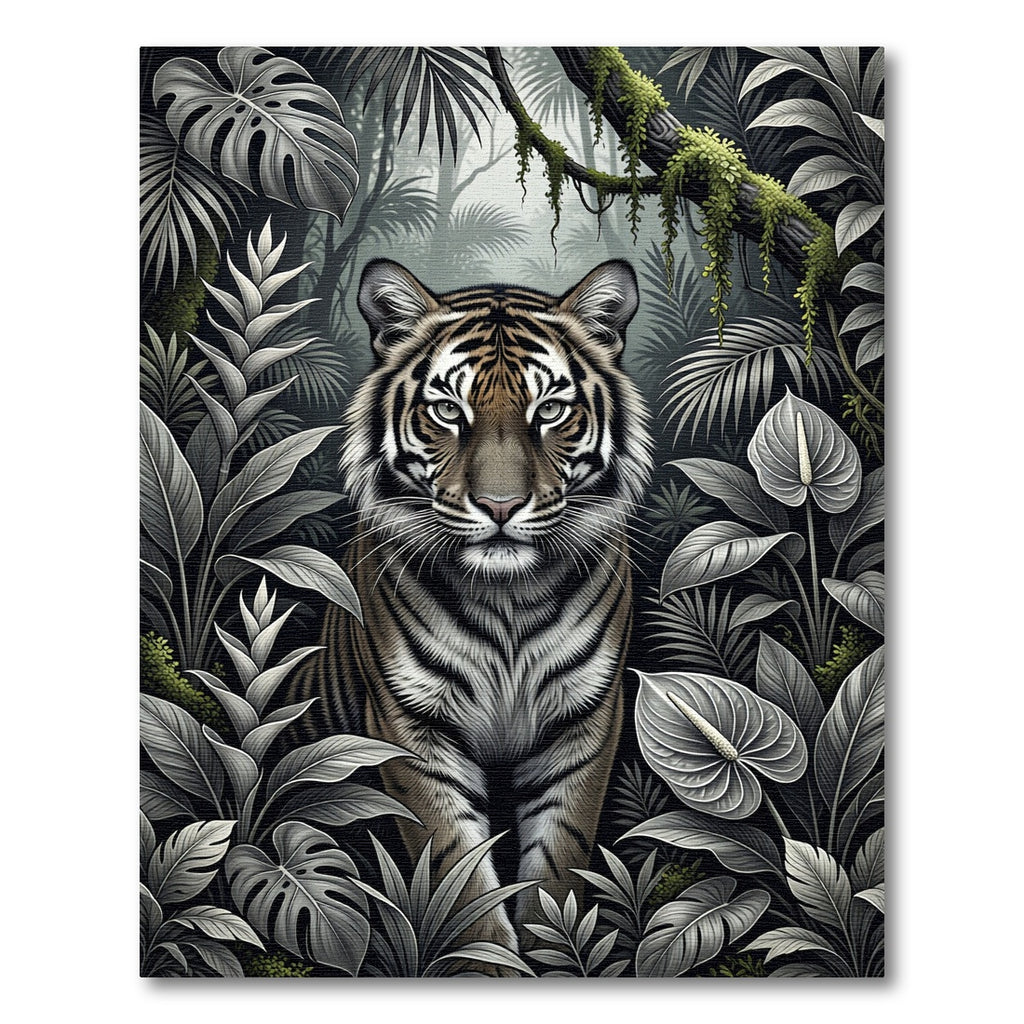 Monochromatic Jungle Tiger Tropical Leaves Rug