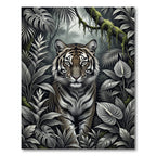 Monochromatic Jungle Tiger Tropical Leaves Rug