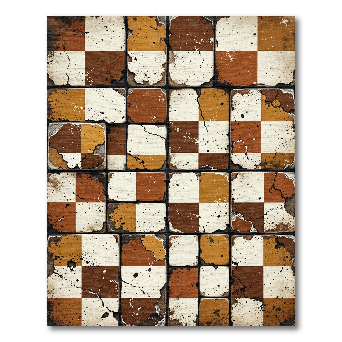 Weathered Ochre and Brown Checkered Tile Rug