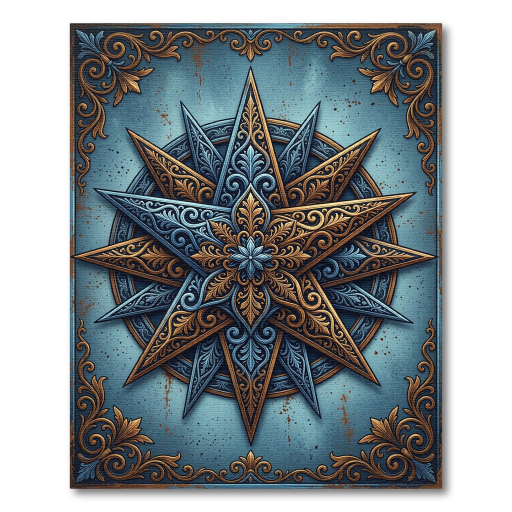 Ornate Gold Celestial Star Blue Medallion Rug