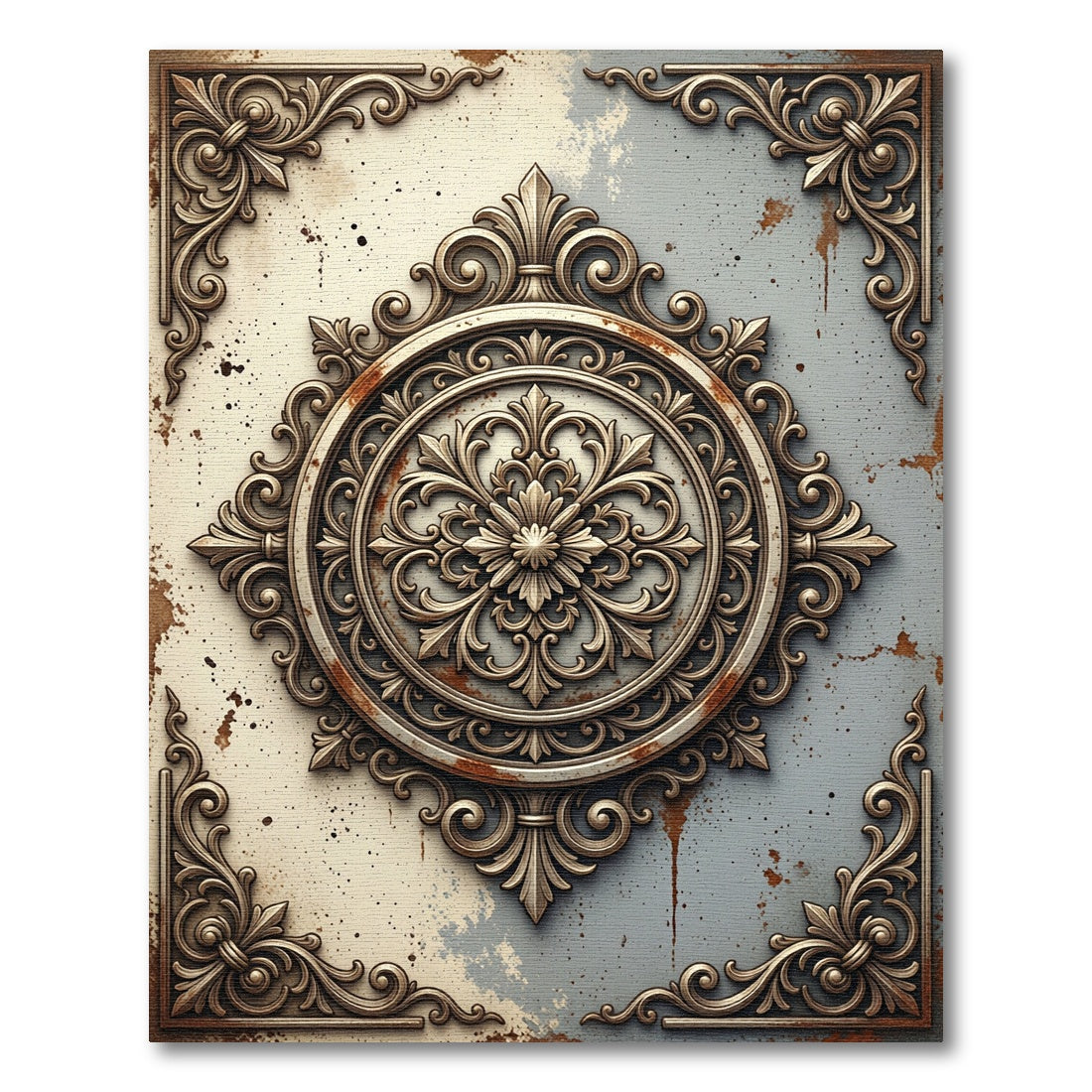 Ornate Bronze Filigree Medallion Distressed Backdrop Rug