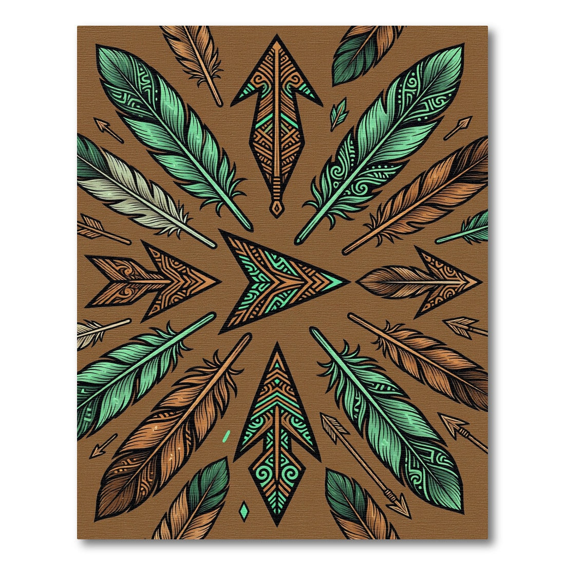 Earthy Teal Feather Arrow Geometric Rug
