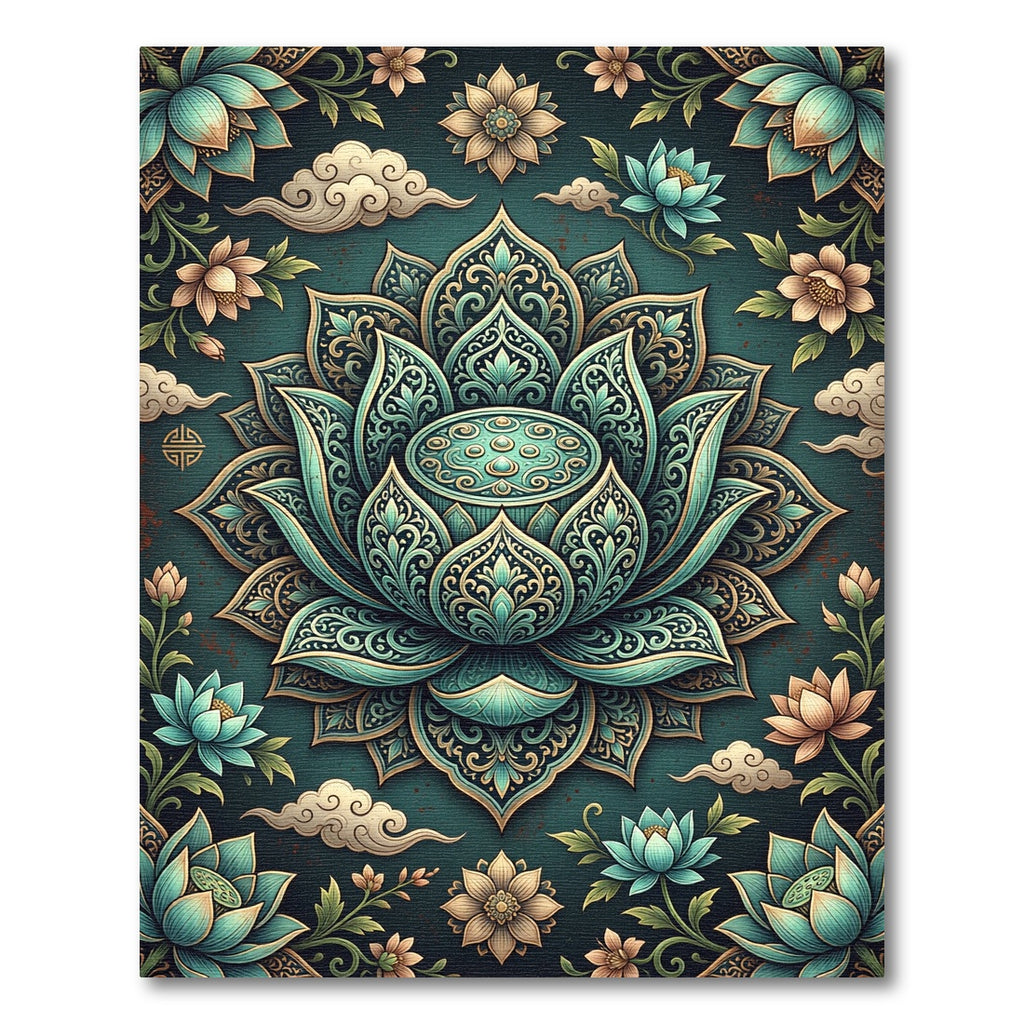 Ornate Teal Lotus Floral Medallion Rug