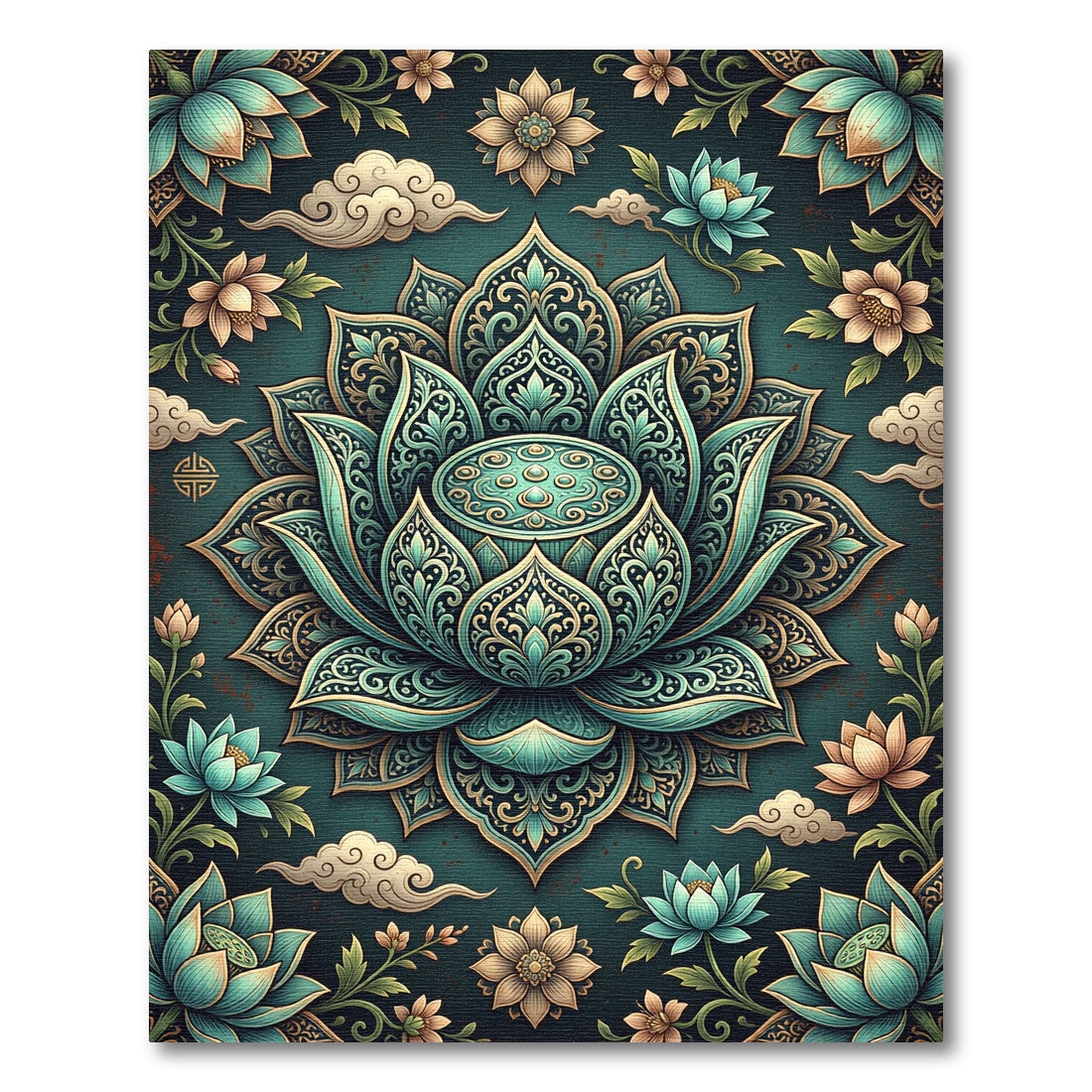 Ornate Teal Lotus Floral Medallion Rug