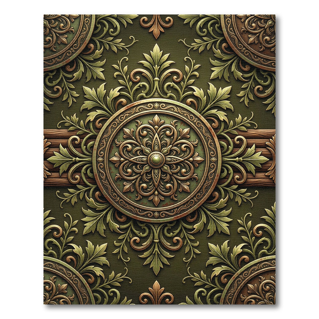 Ornate Olive Green Damask Medallion Rug