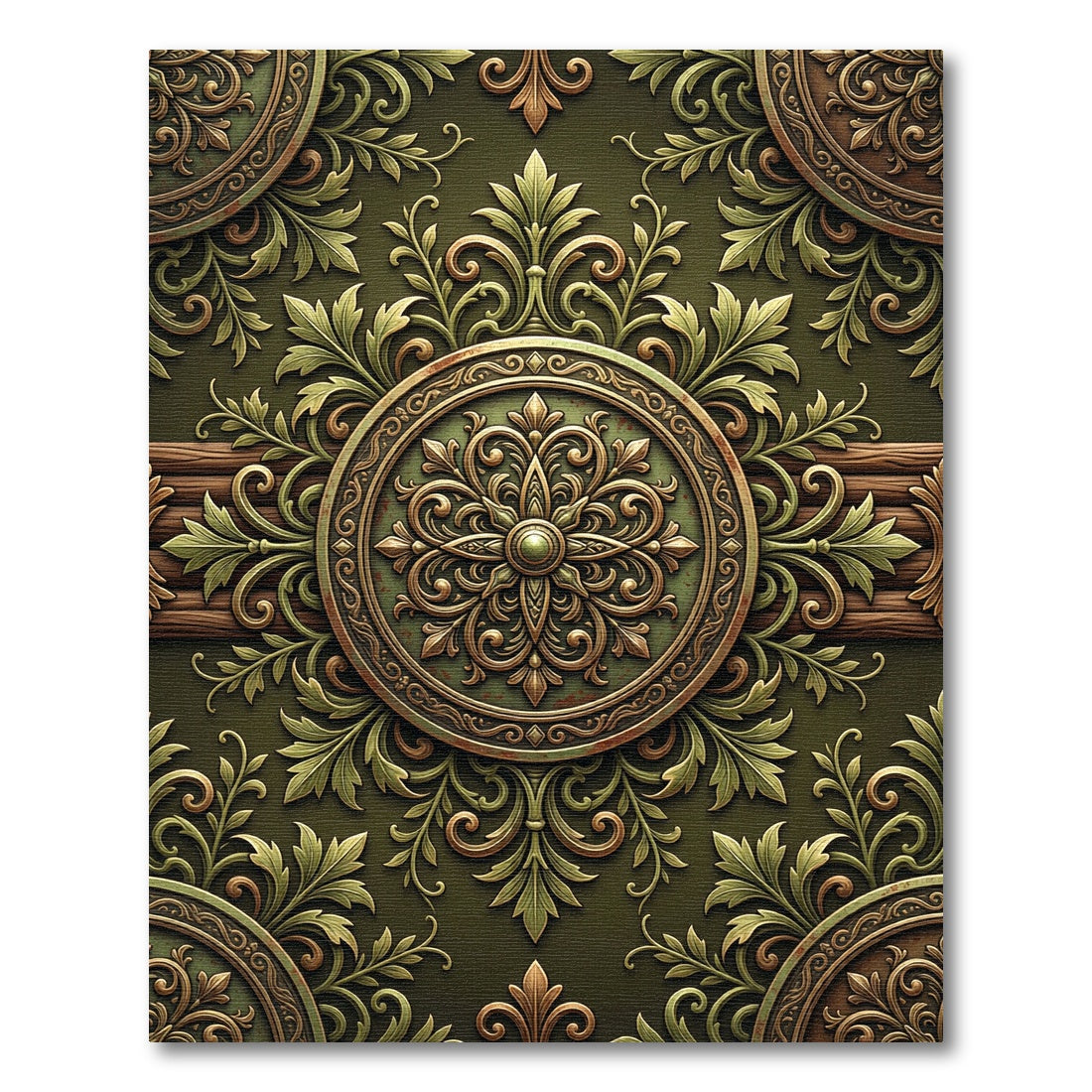 Ornate Olive Green Damask Medallion Rug