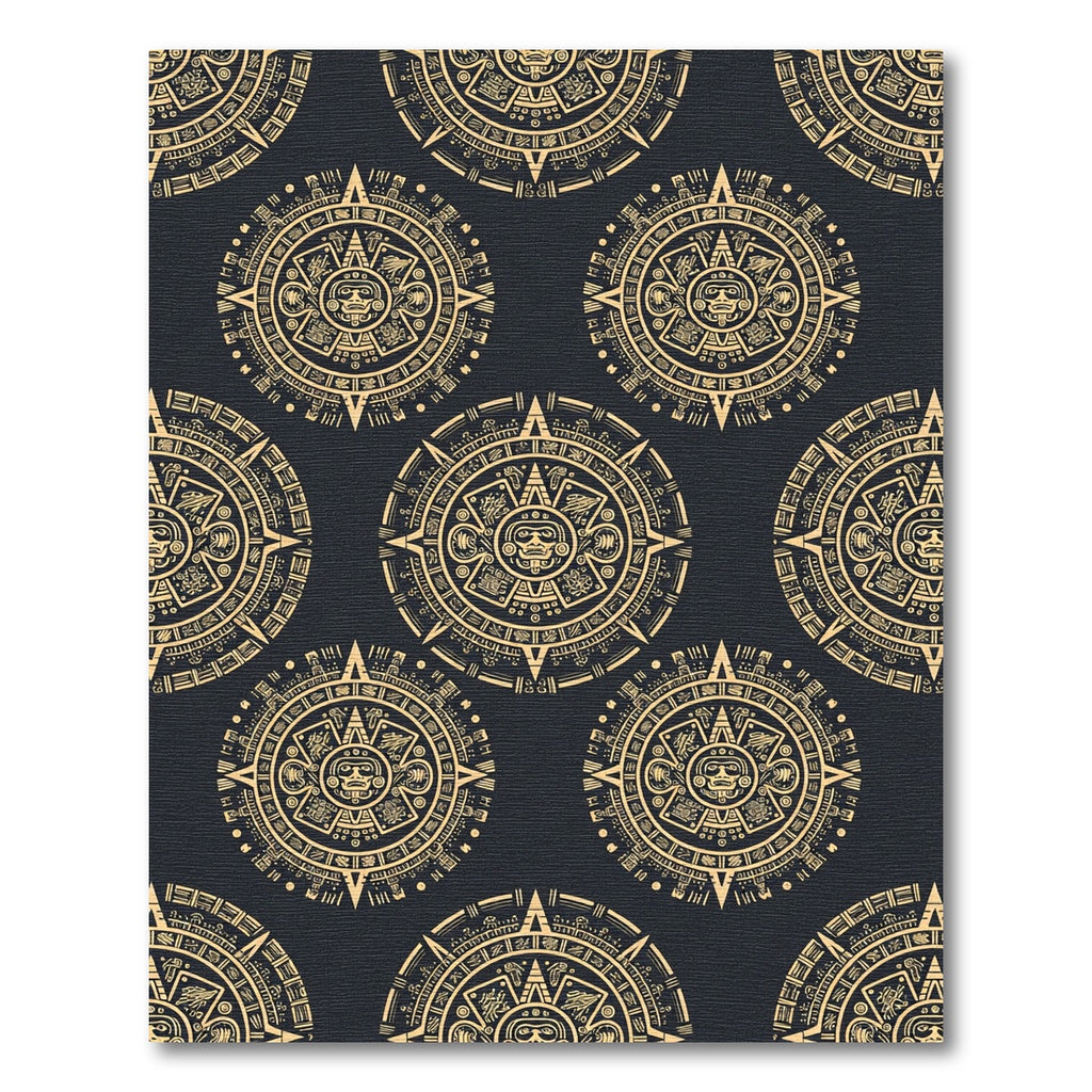Gold Aztec Calendar Circular Black Rug