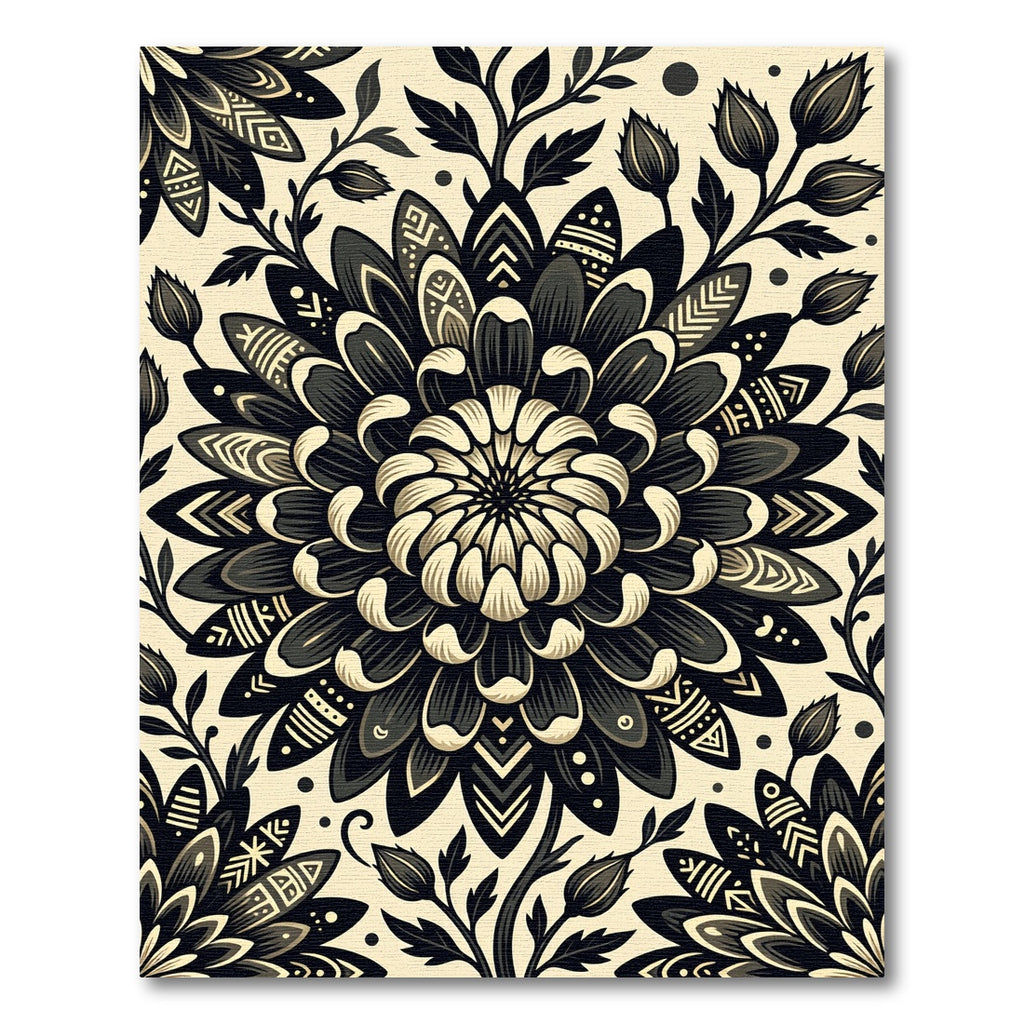 Elegant Monochrome Floral Folk Bloom Rug