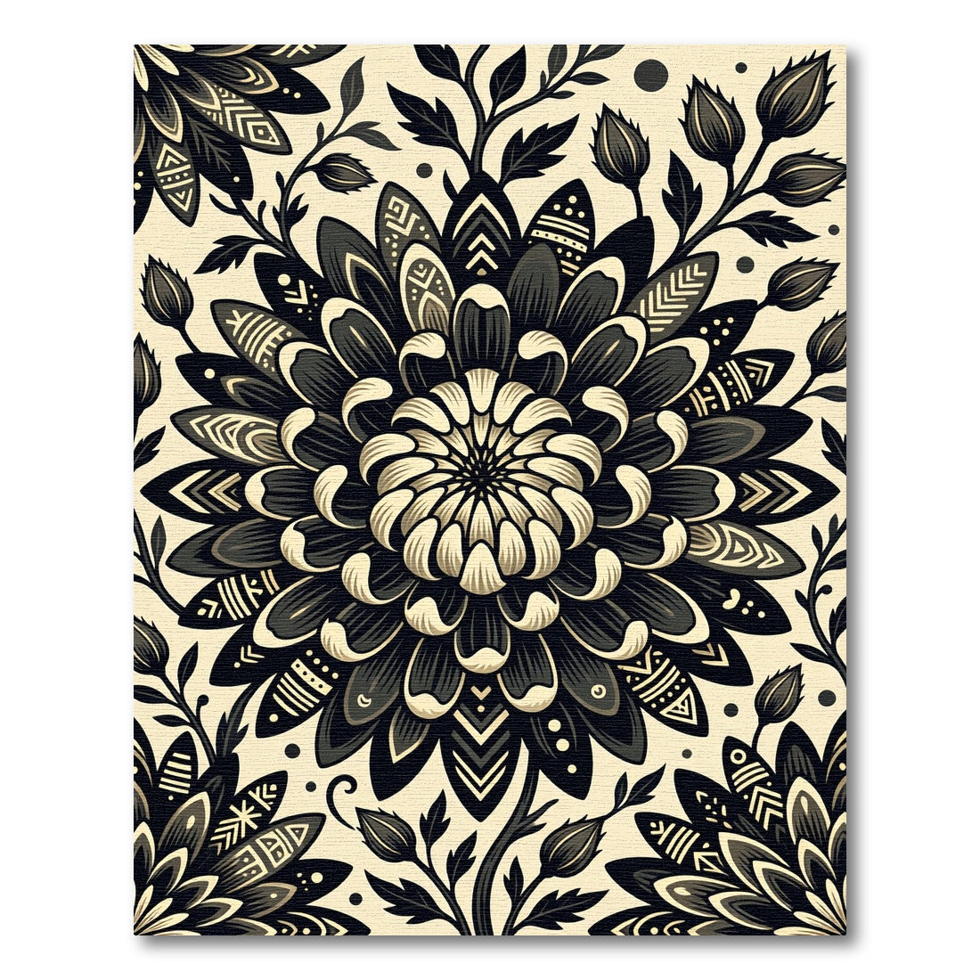 Elegant Monochrome Floral Folk Bloom Rug