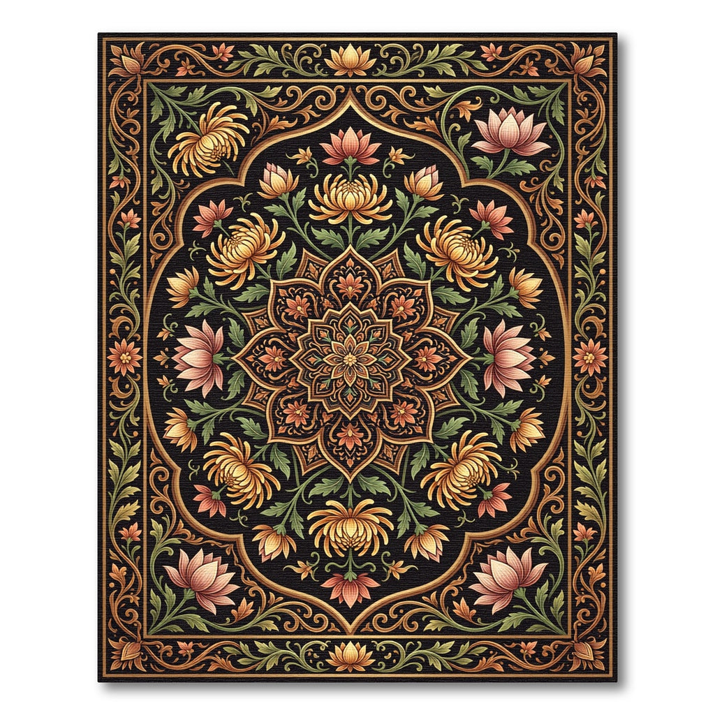 Elegant Golden Lotus Floral Medallion Rug