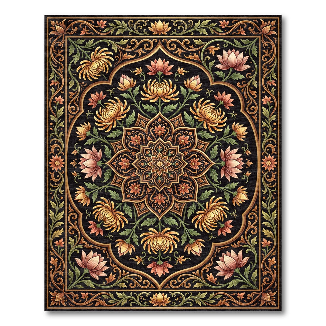 Elegant Golden Lotus Floral Medallion Rug