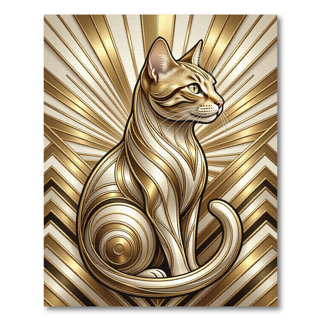 Golden Art Deco Cat Radiating Geometric Lines Rug