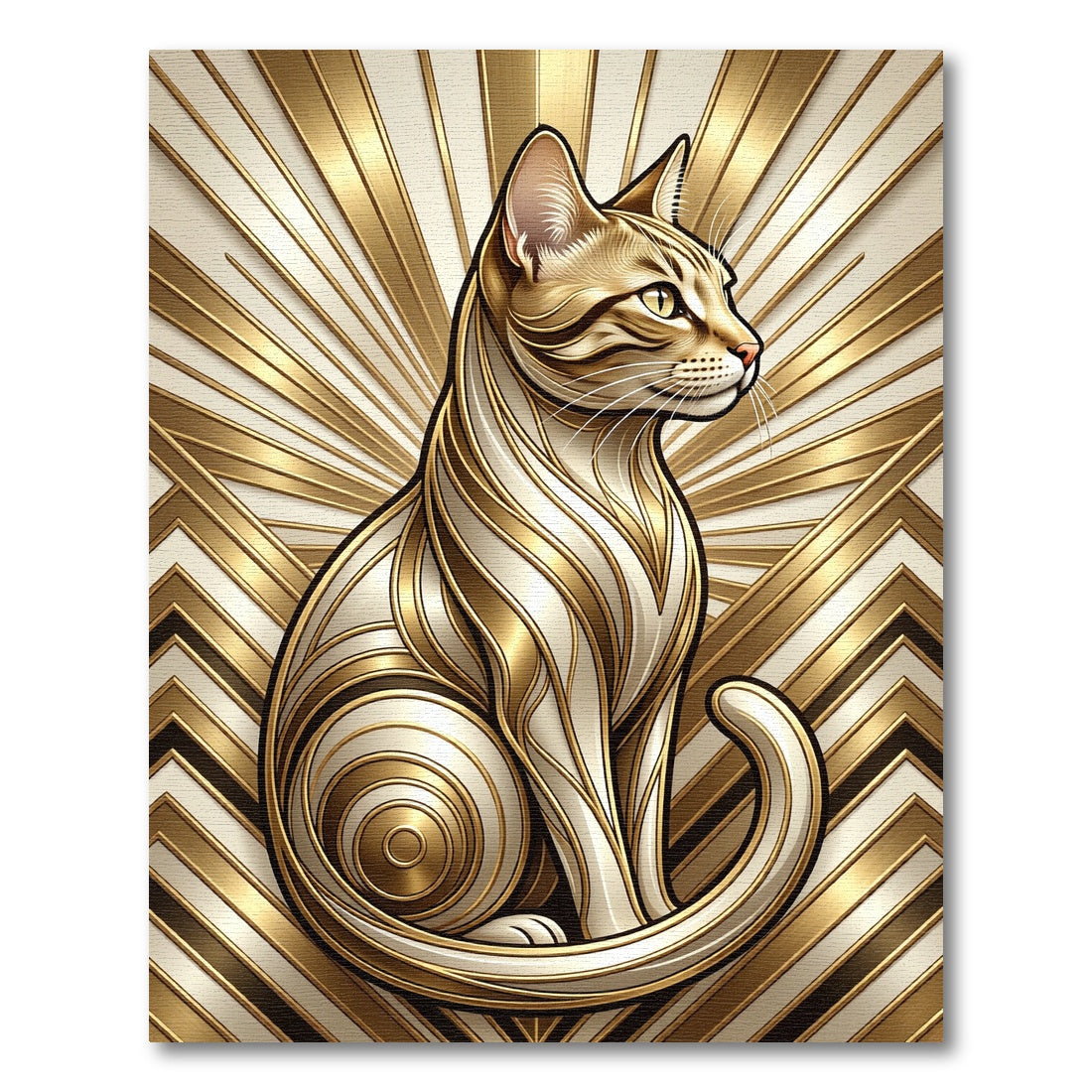 Golden Art Deco Cat Radiating Geometric Lines Rug