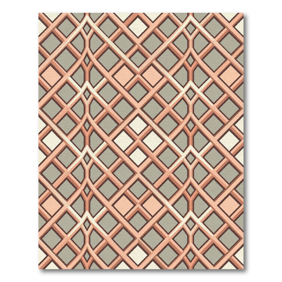 Mid Century Peach and Sage Geometric Grid Rug