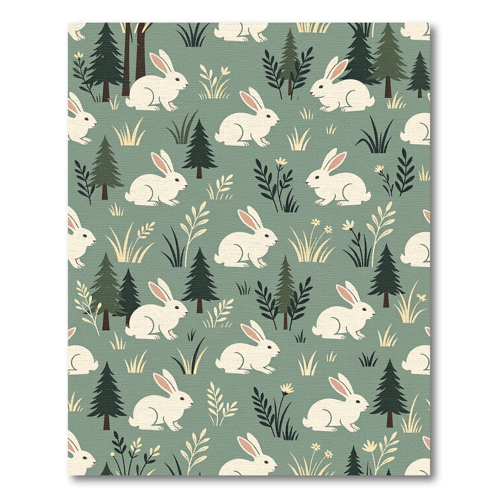 Whimsical Sage Green Woodland Bunny Forest Rug