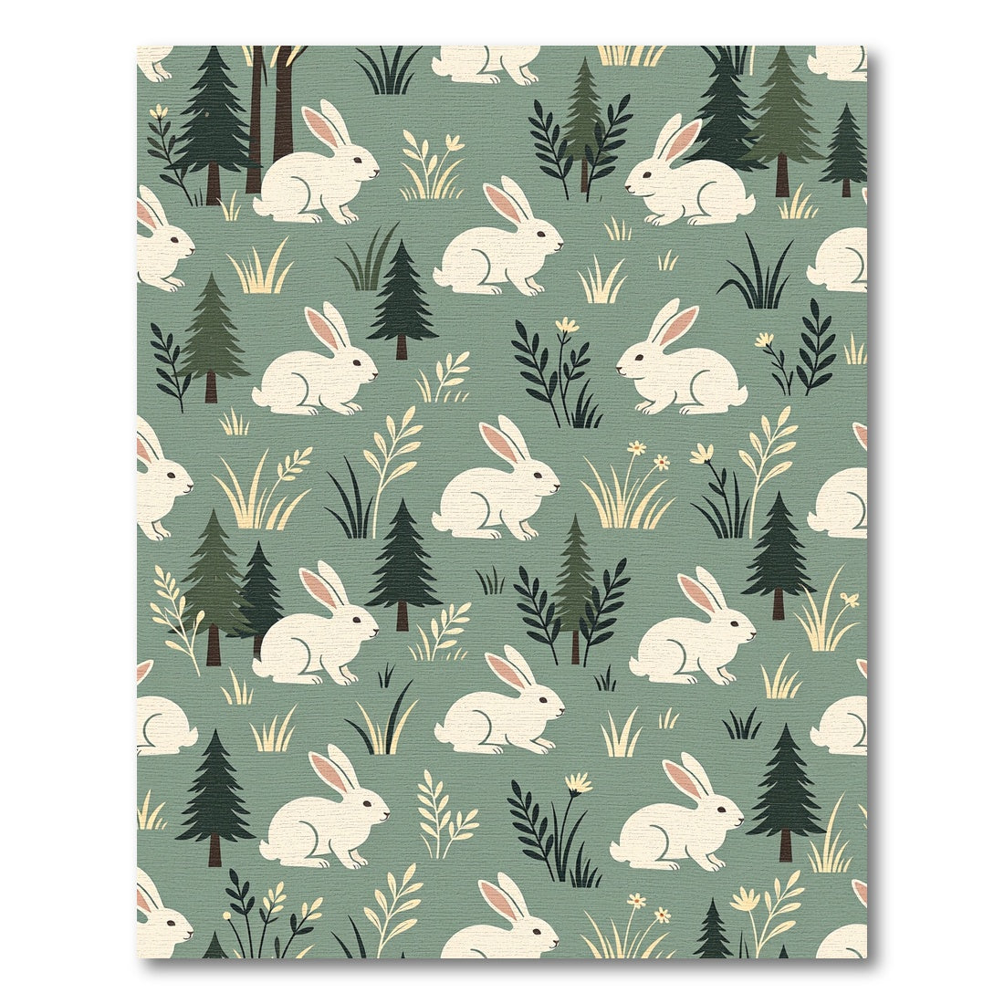 Whimsical Sage Green Woodland Bunny Forest Rug
