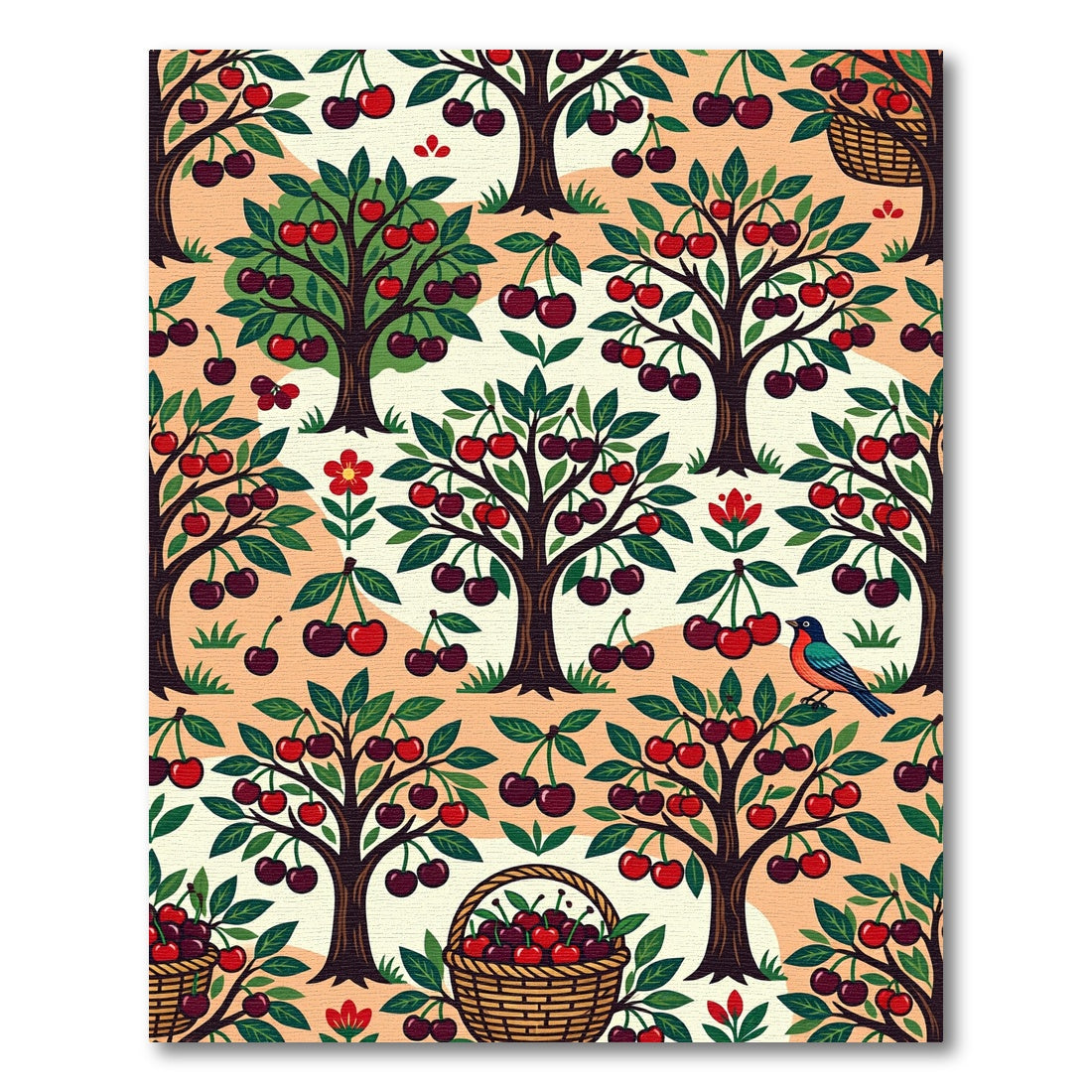 Whimsical Cherry Orchard Folk Berry Illustration Rug
